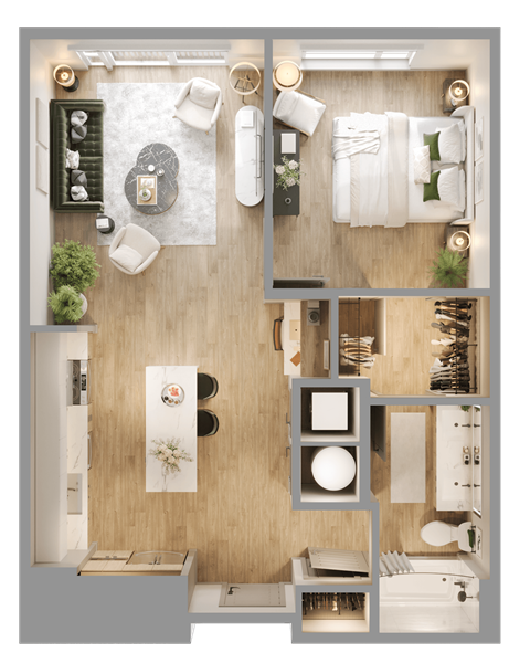 Floor plan for 1 bed, 1 bath, 748 sqft